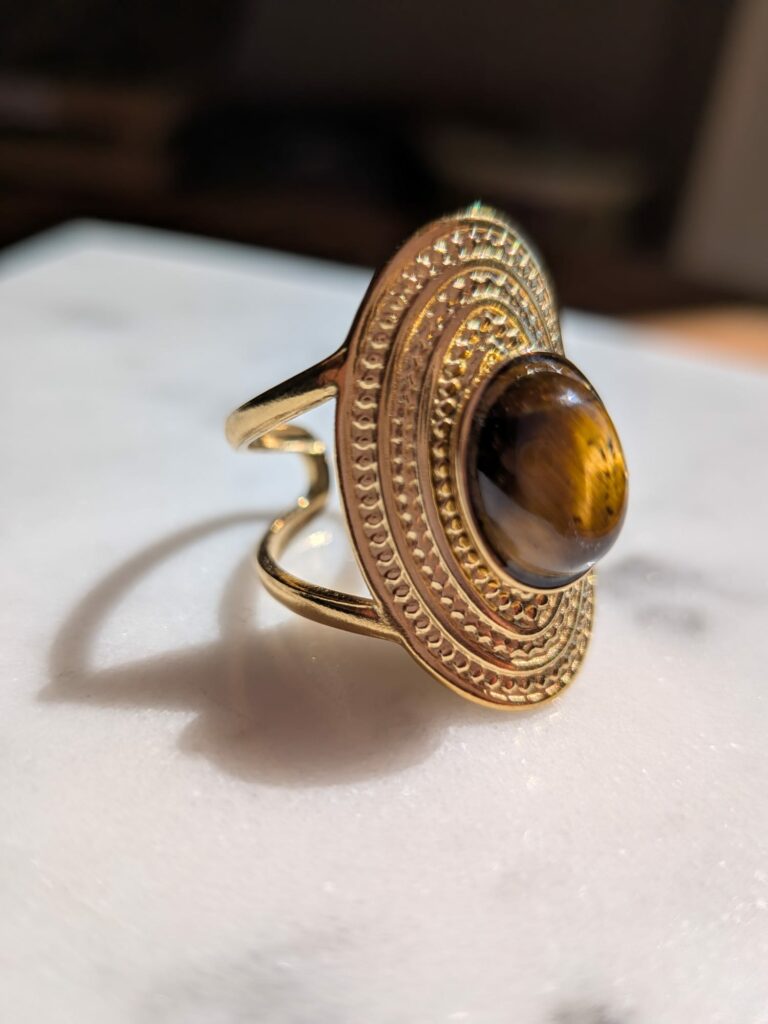 Bague oeil de tigre dorée – Acier inoxydable réglable