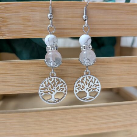 Boucles d’oreilles Howlite & Quartz Rose – Arbre de Vie – Acier inoxydable & laiton