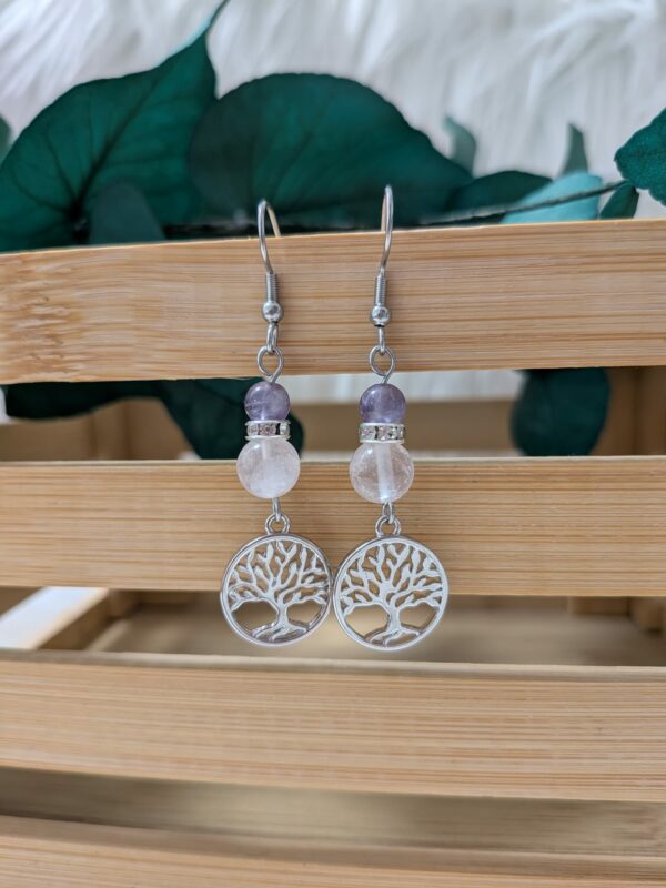 Boucles d’oreilles Améthyste & Quartz Rose – Arbre de Vie – Acier inoxydable & laiton