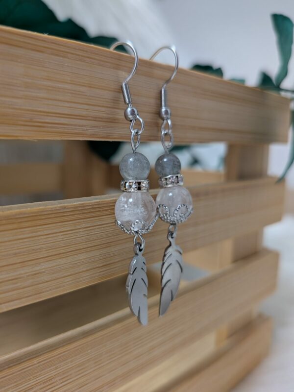 Boucles d’oreilles Labradorite & Quartz Rose – Plume – Acier inoxydable