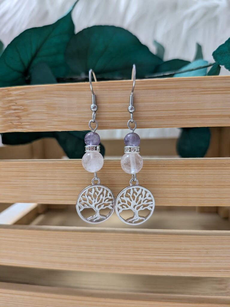 Boucles d’oreilles Améthyste & Quartz Rose – Arbre de Vie – Acier inoxydable & laiton