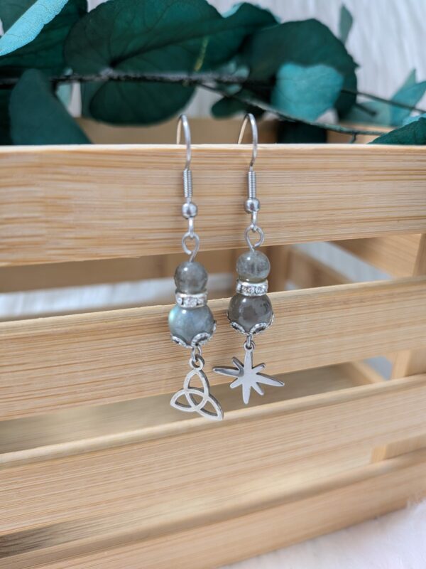 Boucles d’oreilles Labradorite – Étoile & Triquetra – Acier inoxydable