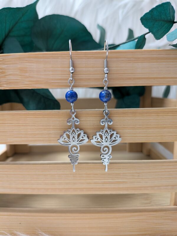 Boucles d’oreilles Lapis Lazuli & symbole Unalome – Acier inoxydable