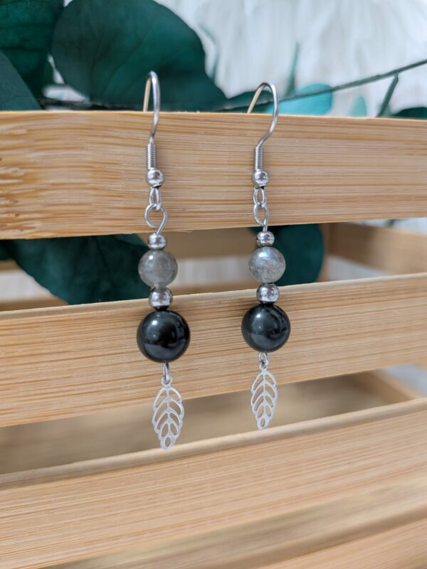 Boucles d’oreilles Labradorite & Obsidienne Œil Céleste – Feuilles – Acier inoxydable