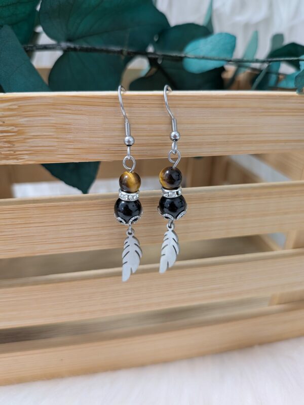 Boucles d’oreilles Œil de Tigre – Plume – Acier inoxydable