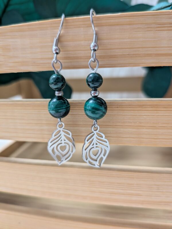 Boucles d’oreilles Malachite – Feuille cœur – Acier inoxydable