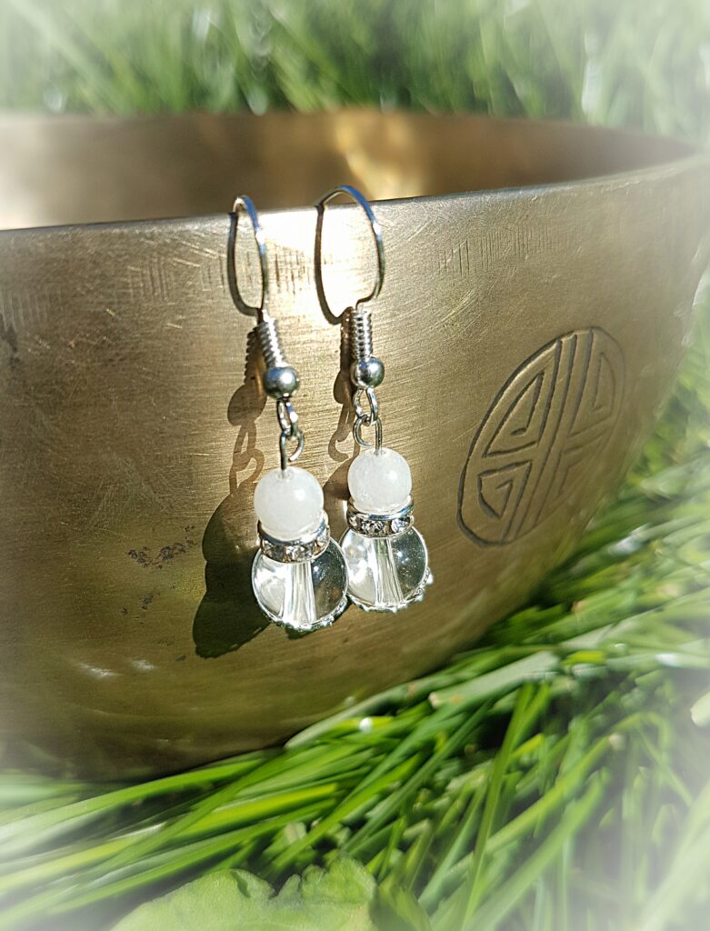 Boucles d’oreilles Pierre de Lune Arc‑en‑Ciel & Cristal de Roche – Modèle Ange – Acier inoxydable
