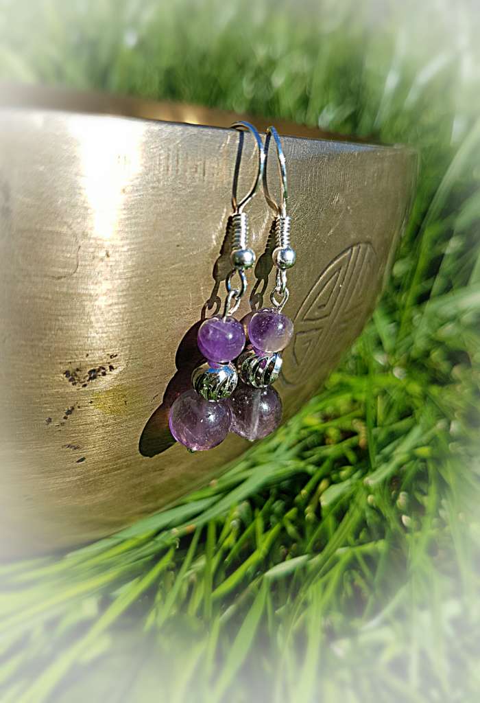 Boucles D'oreilles Pendantes En Argent 925 Avec Améthystes Et Pierres Vertes Naturelles - Occasion