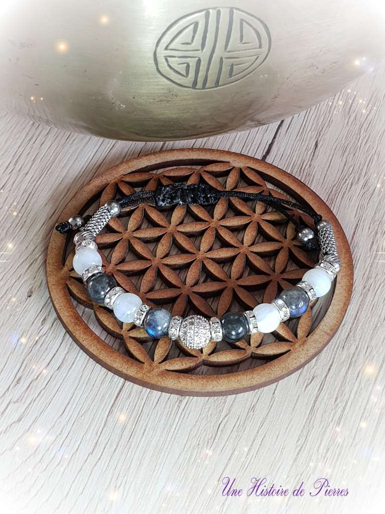 Bracelet Strass Labradorite et Pierre de Lune arc-en-ciel