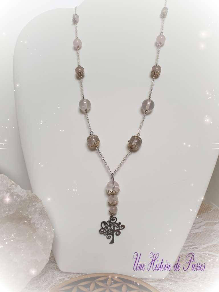 Collier Quartz rose et Arbre de vie