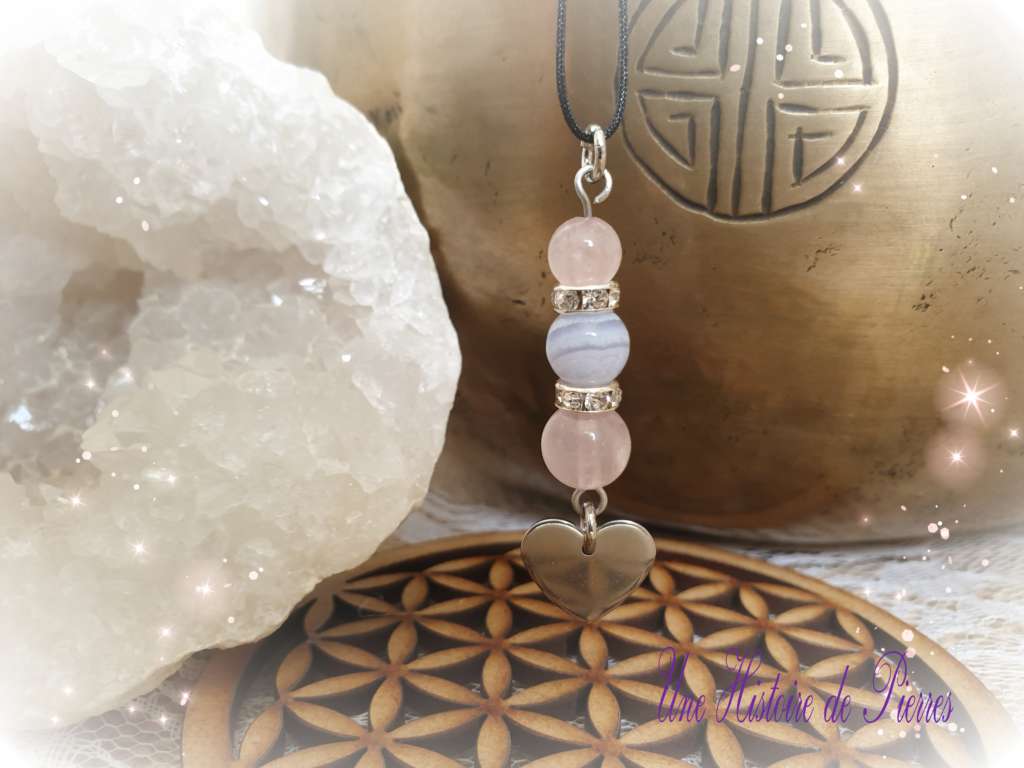 Collier Enfant Calcédoine, Quartz rose et Coeur