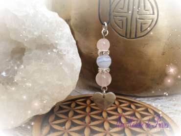 Collier Enfant Calcédoine, Quartz rose et Coeur