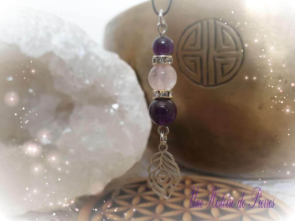 Collier Enfant Améthyste, Quartz rose et Plume