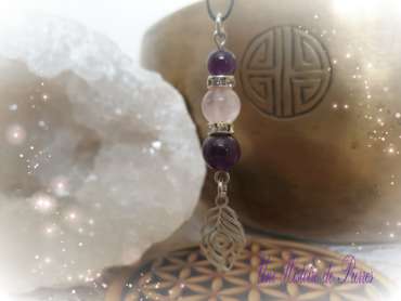 Collier Enfant Améthyste, Quartz rose et Plume