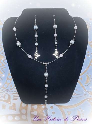 Parure Colibri, Kunzite et Péristérite/Pierre de lune arc-en-ciel