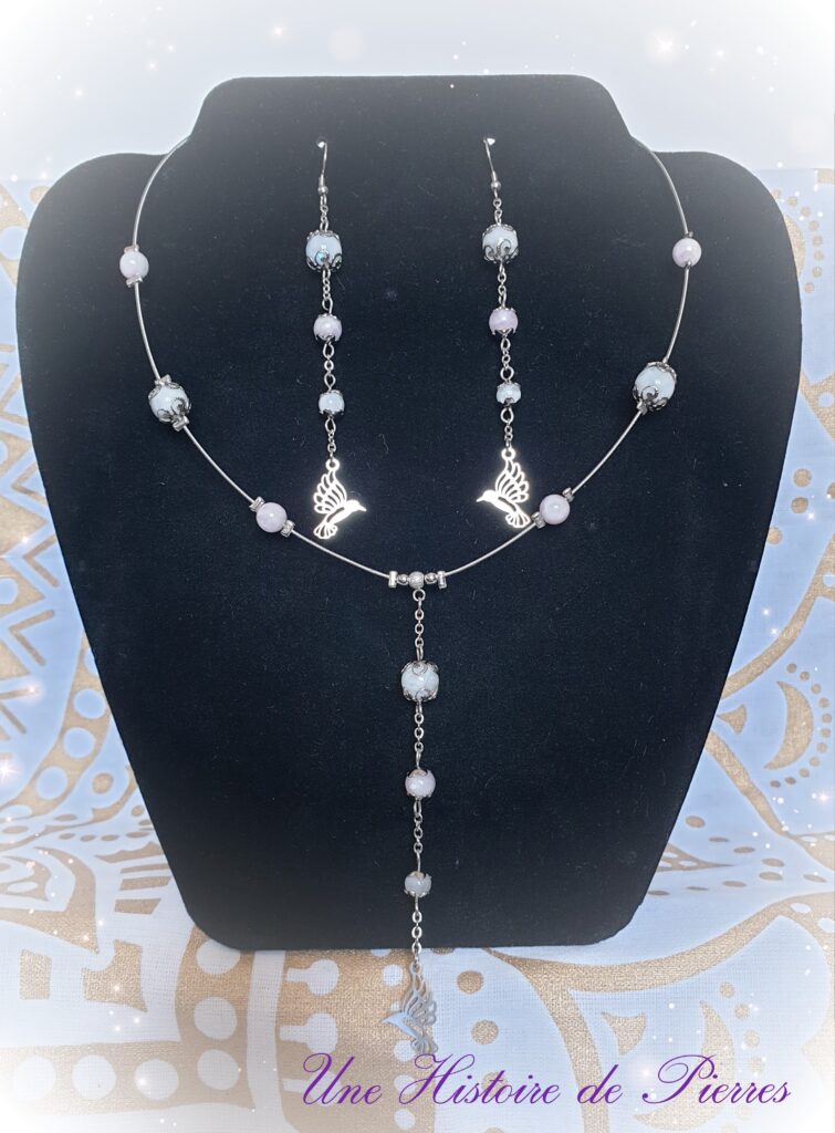 Parure Colibri, Kunzite et Péristérite/Pierre de lune arc-en-ciel