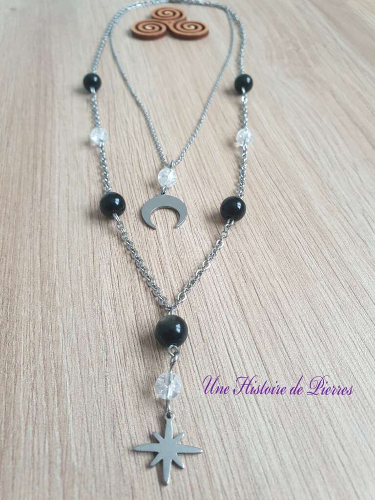 Collier deux rangs Obsidienne dorée et Cristal de roche