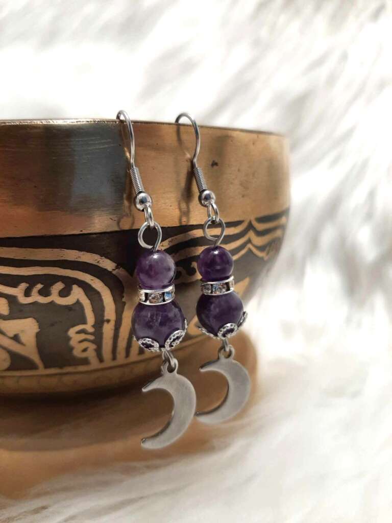 Boucles d’oreilles Améthyste – Lune – Acier inoxydable